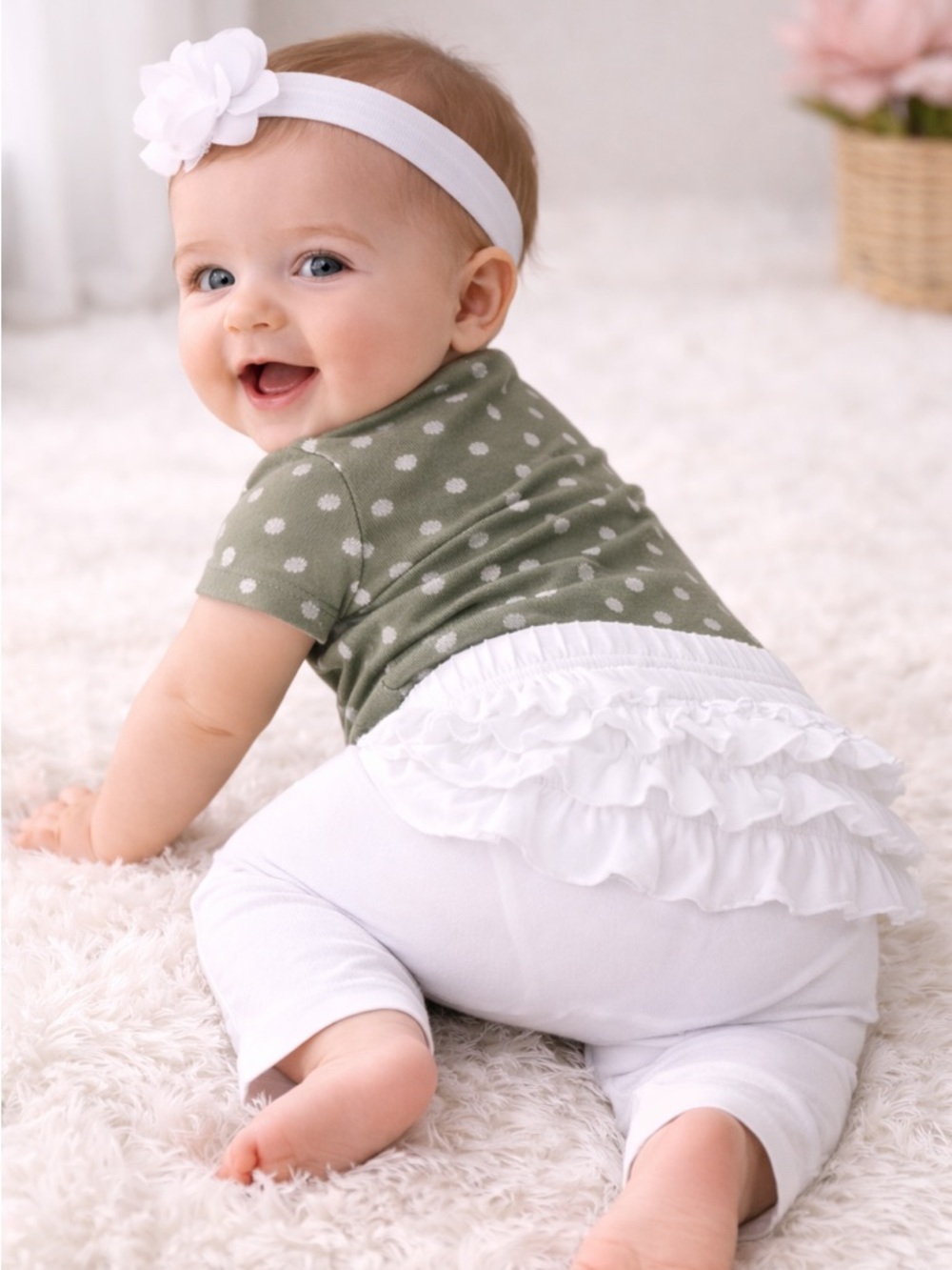 Carter’s Baby Girl Outfit 6M Green Floral Onesie + Old Navy Ruffle Leggings Set